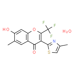 ChemSpider 2D Image | 7-Hydroxy-6-methyl-3-(4-methyl-1,3-thiazol-2-yl)-2-(trifluoromethyl)-4H-chromen-4-one hydrate (1:1) | C15H12F3NO4S