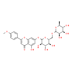 ChemSpider 2D Image | 5-Hydroxy-2-(4-methoxyphenyl)-4-oxo-4H-chromen-7-yl 6-O-(6-deoxy-beta-L-mannopyranosyl)-alpha-D-glucopyranoside | C28H32O14