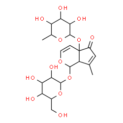 ChemSpider 2D Image | 1-(Hexopyranosyloxy)-7-methyl-5-oxo-5,7a-dihydrocyclopenta[c]pyran-4a(1H)-yl 6-deoxyhexopyranoside | C21H30O13