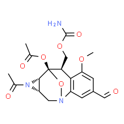 ChemSpider 2D Image | (8R,9S,10S,12S)-11-Acetyl-8-[(carbamoyloxy)methyl]-4-formyl-6-methoxy-14-oxa-1,11-diazatetracyclo[7.4.1.0~2,7~.0~10,12~]tetradeca-2,4,6-trien-9-yl acetate | C19H21N3O8