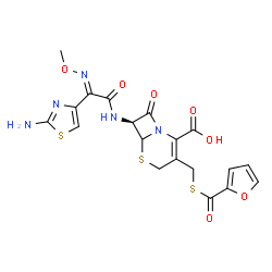 ChemSpider 2D Image | (7S)-7-{[(2E)-2-(2-Amino-1,3-thiazol-4-yl)-2-(methoxyimino)acetyl]amino}-3-[(2-furoylsulfanyl)methyl]-8-oxo-5-thia-1-azabicyclo[4.2.0]oct-2-ene-2-carboxylic acid | C19H17N5O7S3