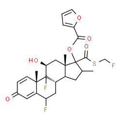 ChemSpider 2D Image | (9xi,11beta,14xi)-6,9-Difluoro-17-{[(fluoromethyl)sulfanyl]carbonyl}-11-hydroxy-16-methyl-3-oxoandrosta-1,4-dien-17-yl 2-furoate | C27H29F3O6S