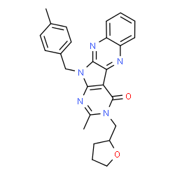 ChemSpider 2D Image | 2-Methyl-11-(4-methylbenzyl)-3-(tetrahydro-2-furanylmethyl)-3,11-dihydro-4H-pyrimido[5',4':4,5]pyrrolo[2,3-b]quinoxalin-4-one | C26H25N5O2