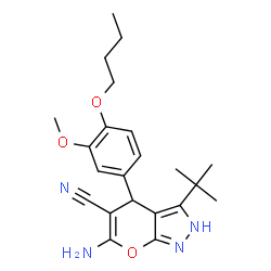ChemSpider 2D Image | 6-Amino-4-(4-butoxy-3-methoxyphenyl)-3-tert-butyl-2,4-dihydropyrano[2,3-c]pyrazole-5-carbonitrile | C22H28N4O3