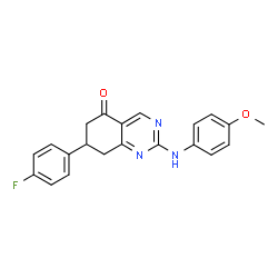ChemSpider 2D Image | 7-(4-Fluorophenyl)-2-[(4-methoxyphenyl)amino]-7,8-dihydro-5(6H)-quinazolinone | C21H18FN3O2