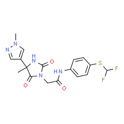 ChemSpider 2D Image | N-{4-[(Difluoromethyl)sulfanyl]phenyl}-2-[4-methyl-4-(1-methyl-1H-pyrazol-4-yl)-2,5-dioxo-1-imidazolidinyl]acetamide | C17H17F2N5O3S