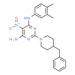 ChemSpider 2D Image | 2-(4-Benzyl-1-piperidinyl)-N-(3,4-dimethylphenyl)-5-nitro-4,6-pyrimidinediamine | C24H28N6O2