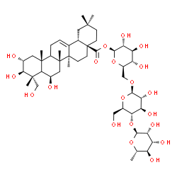 ChemSpider 2D Image | 6-Deoxy-alpha-L-mannopyranosyl-(1->4)-beta-D-glucopyranosyl-(1->6)-1-O-[(2alpha,3beta,5xi,6beta,9xi)-2,3,6,23-tetrahydroxy-28-oxoolean-12-en-28-yl]-beta-D-glucopyranose | C48H78O20