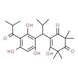 ChemSpider 2D Image | 5-Hydroxy-2,2,6,6-tetramethyl-4-[2-methyl-1-(2,4,6-trihydroxy-3-isobutyrylphenyl)propyl]-4-cyclohexene-1,3-dione | C24H32O7