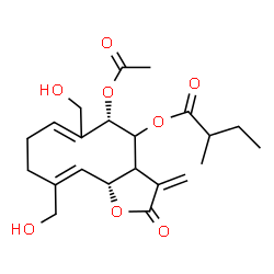 ChemSpider 2D Image | (5S,10Z,11aR)-5-Acetoxy-6,10-bis(hydroxymethyl)-3-methylene-2-oxo-2,3,3a,4,5,8,9,11a-octahydrocyclodeca[b]furan-4-yl 2-methylbutanoate | C22H30O8