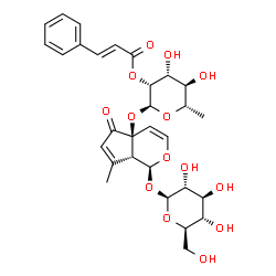 ChemSpider 2D Image | (1S,4aS,7aR)-4a-({6-Deoxy-2-O-[(2E)-3-phenyl-2-propenoyl]-alpha-L-mannopyranosyl}oxy)-7-methyl-5-oxo-1,4a,5,7a-tetrahydrocyclopenta[c]pyran-1-yl beta-D-glucopyranoside | C30H36O14