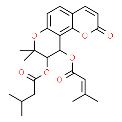ChemSpider 2D Image | 8,8-Dimethyl-9-[(3-methylbutanoyl)oxy]-2-oxo-9,10-dihydro-2H,8H-pyrano[2,3-f]chromen-10-yl 3-methyl-2-butenoate | C24H28O7