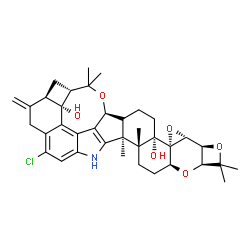 ChemSpider 2D Image | (2aS,2bR,3aS,3bS,6S,6dR,7S,8aR,13bS,13cR,15aS,16aS)-11-Chloro-1,1,13b,13c,17,17-hexamethyl-9-methylene-1,2a,2b,5,5a,6,7,8,8a,9,10,13,13b,13c,14,15,15a,16a-octadecahydro-3bH-6,7-(epoxymethano)cyclobuta
[5,6]benzo[1,2-e]oxeto[3'',2'':2',3']oxireno[4',4a']chromeno[5',6':6,7]indeno[1,2-b]indole-3b,6d(4H)-diol | C37H44ClNO6