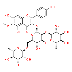 ChemSpider 2D Image | 5,7-Dihydroxy-2-(4-hydroxyphenyl)-6-methoxy-4-oxo-4H-chromen-3-yl 6-deoxy-alpha-L-mannopyranosyl-(1->2)-[6-deoxy-alpha-L-mannopyranosyl-(1->6)]-beta-D-glucopyranoside | C34H42O20