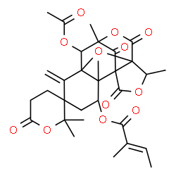 ChemSpider 2D Image | 8'-Acetoxy-2,2,2',9',13'-pentamethyl-6'-methylene-6,11',15',16'-tetraoxodihydro-4H-spiro[pyran-3,5'-[10,14,17]trioxapentacyclo[7.6.1.1~7,12~.0~1,12~.0~2,7~]heptadecan]-3'-yl (2E)-2-methyl-2-butenoate | C31H36O12