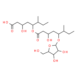 ChemSpider 2D Image | 3-Hydroxy-5-{[3-hydroxy-6-methyl-5-(pentofuranosyloxy)octanoyl]oxy}-6-methyloctanoic acid | C23H42O11