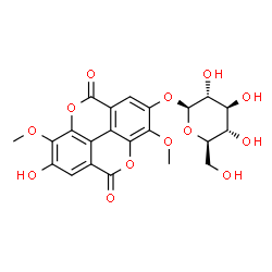 ChemSpider 2D Image | 7-Hydroxy-3,8-dimethoxy-5,10-dioxo-5,10-dihydrochromeno[5,4,3-cde]chromen-2-yl beta-D-glucopyranoside | C22H20O13
