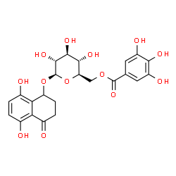 ChemSpider 2D Image | 5,8-Dihydroxy-4-oxo-1,2,3,4-tetrahydro-1-naphthalenyl 6-O-(3,4,5-trihydroxybenzoyl)-beta-D-glucopyranoside | C23H24O13