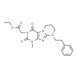 ChemSpider 2D Image | Ethyl [1-methyl-2,4-dioxo-9-(2-phenylethyl)-1,4,6,7,8,9-hexahydropyrimido[2,1-f]purin-3(2H)-yl]acetate | C21H25N5O4