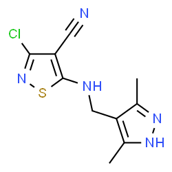 ChemSpider 2D Image | 3-Chloro-5-{[(3,5-dimethyl-1H-pyrazol-4-yl)methyl]amino}-1,2-thiazole-4-carbonitrile | C10H10ClN5S