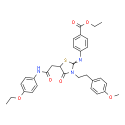 ChemSpider 2D Image | Ethyl 4-[(5-{2-[(4-ethoxyphenyl)amino]-2-oxoethyl}-3-[2-(4-methoxyphenyl)ethyl]-4-oxo-1,3-thiazolidin-2-ylidene)amino]benzoate | C31H33N3O6S