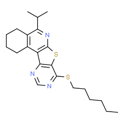 ChemSpider 2D Image | 8-(Hexylsulfanyl)-5-isopropyl-1,2,3,4-tetrahydropyrimido[4',5':4,5]thieno[2,3-c]isoquinoline | C22H29N3S2