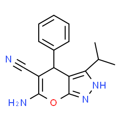 ChemSpider 2D Image | 6-Amino-3-isopropyl-4-phenyl-1,4-dihydropyrano[2,3-c]pyrazole-5-carbonitrile | C16H16N4O