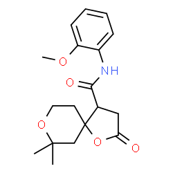 ChemSpider 2D Image | N-(2-Methoxyphenyl)-7,7-dimethyl-2-oxo-1,8-dioxaspiro[4.5]decane-4-carboxamide | C18H23NO5