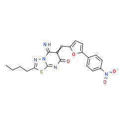 ChemSpider 2D Image | 2-Butyl-5-imino-6-{[5-(4-nitrophenyl)-2-furyl]methylene}-5,6-dihydro-7H-[1,3,4]thiadiazolo[3,2-a]pyrimidin-7-one | C20H17N5O4S