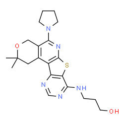 ChemSpider 2D Image | 3-{[2,2-Dimethyl-5-(1-pyrrolidinyl)-1,4-dihydro-2H-pyrano[4'',3'':4',5']pyrido[3',2':4,5]thieno[3,2-d]pyrimidin-8-yl]amino}-1-propanol | C21H27N5O2S