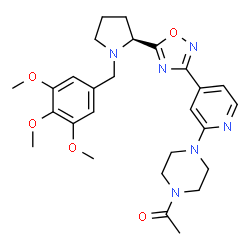 ChemSpider 2D Image | 1-[4-(4-{5-[(2S)-1-(3,4,5-Trimethoxybenzyl)-2-pyrrolidinyl]-1,2,4-oxadiazol-3-yl}-2-pyridinyl)-1-piperazinyl]ethanone | C27H34N6O5