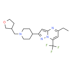 ChemSpider 2D Image | 5-Ethyl-2-[1-(tetrahydro-3-furanylmethyl)-4-piperidinyl]-7-(trifluoromethyl)pyrazolo[1,5-a]pyrimidine | C19H25F3N4O