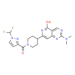 ChemSpider 2D Image | 7-(1-{[1-(Difluoromethyl)-1H-pyrazol-3-yl]carbonyl}-4-piperidinyl)-2-(dimethylamino)pyrido[4,3-d]pyrimidin-5(6H)-one | C19H21F2N7O2
