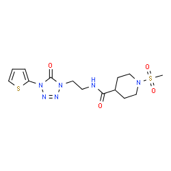 ChemSpider 2D Image | 1-(Methylsulfonyl)-N-{2-[5-oxo-4-(2-thienyl)-4,5-dihydro-1H-tetrazol-1-yl]ethyl}-4-piperidinecarboxamide | C14H20N6O4S2