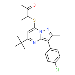 ChemSpider 2D Image | 3-{[5-tert-butyl-3-(4-chlorophenyl)-2-methylpyrazolo[1,5-a]pyrimidin-7-yl]sulfanyl}butan-2-one | C21H24ClN3OS