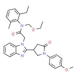 ChemSpider 2D Image | N-(Ethoxymethyl)-N-(2-ethyl-6-methylphenyl)-2-{2-[1-(4-methoxyphenyl)-5-oxo-3-pyrrolidinyl]-1H-benzimidazol-1-yl}acetamide | C32H36N4O4