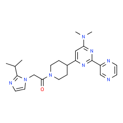 ChemSpider 2D Image | 1-{4-[6-(Dimethylamino)-2-(2-pyrazinyl)-4-pyrimidinyl]-1-piperidinyl}-2-(2-isopropyl-1H-imidazol-1-yl)ethanone | C23H30N8O
