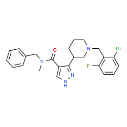 ChemSpider 2D Image | N-Benzyl-3-[1-(2-chloro-6-fluorobenzyl)-3-piperidinyl]-N-methyl-1H-pyrazole-4-carboxamide | C24H26ClFN4O
