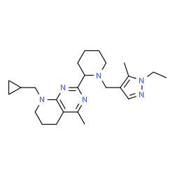 ChemSpider 2D Image | 8-(Cyclopropylmethyl)-2-{1-[(1-ethyl-5-methyl-1H-pyrazol-4-yl)methyl]-2-piperidinyl}-4-methyl-5,6,7,8-tetrahydropyrido[2,3-d]pyrimidine | C24H36N6