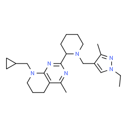 ChemSpider 2D Image | 8-(Cyclopropylmethyl)-2-{1-[(1-ethyl-3-methyl-1H-pyrazol-4-yl)methyl]-2-piperidinyl}-4-methyl-5,6,7,8-tetrahydropyrido[2,3-d]pyrimidine | C24H36N6