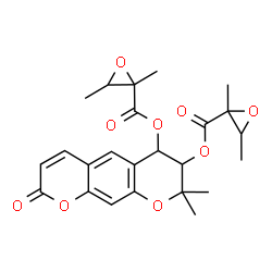 ChemSpider 2D Image | 8,8-Dimethyl-2-oxo-7,8-dihydro-2H,6H-pyrano[3,2-g]chromene-6,7-diyl bis(2,3-dimethyl-2-oxiranecarboxylate) | C24H26O9