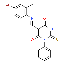 ChemSpider 2D Image | 5-{(E)-[(4-Bromo-2-methylphenyl)imino]methyl}-1-phenyl-2-thioxodihydro-4,6(1H,5H)-pyrimidinedione | C18H14BrN3O2S