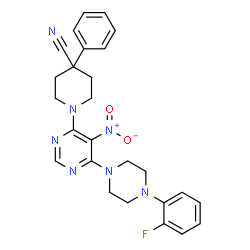 ChemSpider 2D Image | 1-{6-[4-(2-Fluorophenyl)-1-piperazinyl]-5-nitro-4-pyrimidinyl}-4-phenyl-4-piperidinecarbonitrile | C26H26FN7O2