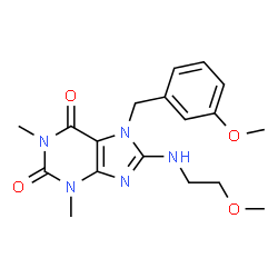 ChemSpider 2D Image | 7-(3-Methoxybenzyl)-8-[(2-methoxyethyl)amino]-1,3-dimethyl-3,7-dihydro-1H-purine-2,6-dione | C18H23N5O4