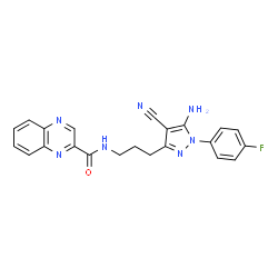 ChemSpider 2D Image | N-{3-[5-Amino-4-cyano-1-(4-fluorophenyl)-1H-pyrazol-3-yl]propyl}-2-quinoxalinecarboxamide | C22H18FN7O