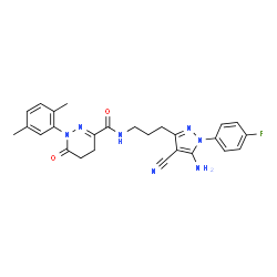 ChemSpider 2D Image | N-{3-[5-Amino-4-cyano-1-(4-fluorophenyl)-1H-pyrazol-3-yl]propyl}-1-(2,5-dimethylphenyl)-6-oxo-1,4,5,6-tetrahydro-3-pyridazinecarboxamide | C26H26FN7O2