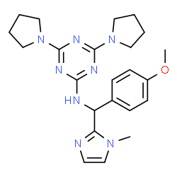 ChemSpider 2D Image | N-[(4-Methoxyphenyl)(1-methyl-1H-imidazol-2-yl)methyl]-4,6-di(1-pyrrolidinyl)-1,3,5-triazin-2-amine | C23H30N8O