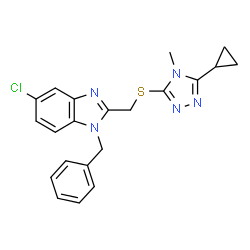 ChemSpider 2D Image | 1-Benzyl-5-chloro-2-{[(5-cyclopropyl-4-methyl-4H-1,2,4-triazol-3-yl)sulfanyl]methyl}-1H-benzimidazole | C21H20ClN5S