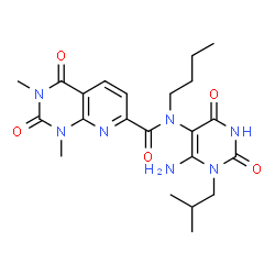 ChemSpider 2D Image | N-(6-Amino-1-isobutyl-2,4-dioxo-1,2,3,4-tetrahydro-5-pyrimidinyl)-N-butyl-1,3-dimethyl-2,4-dioxo-1,2,3,4-tetrahydropyrido[2,3-d]pyrimidine-7-carboxamide | C22H29N7O5