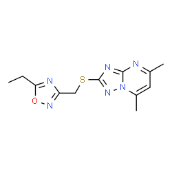 ChemSpider 2D Image | 2-{[(5-Ethyl-1,2,4-oxadiazol-3-yl)methyl]sulfanyl}-5,7-dimethyl[1,2,4]triazolo[1,5-a]pyrimidine | C12H14N6OS